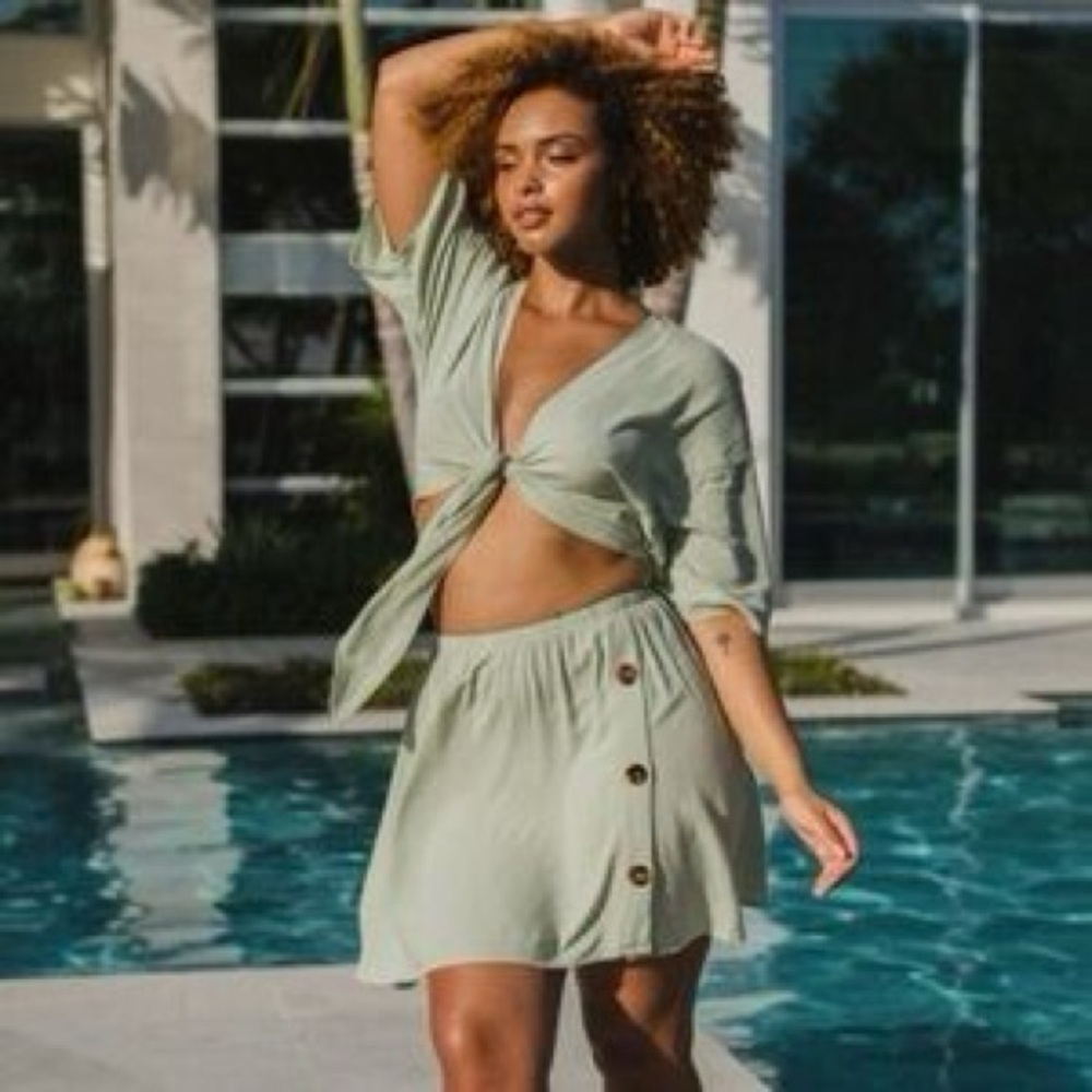 Toluca Swim Maria Tie-front Linen Top & Skirt Set  eucalyptus